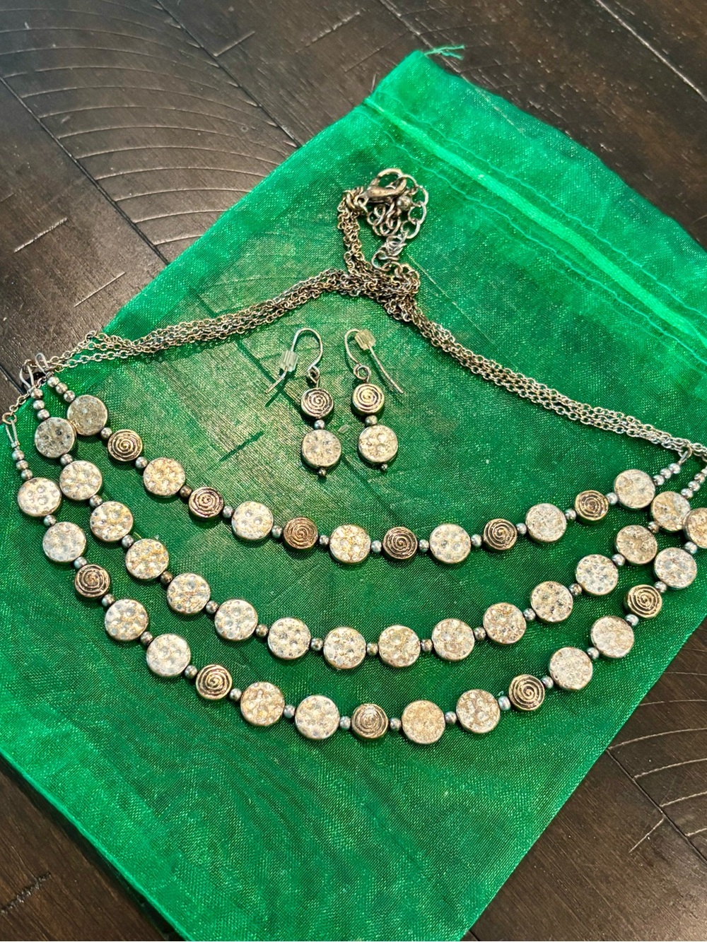 Vintage Mixed Metal Layered Disk Necklace & Earrings Set